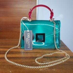 Deluxity 8x6x3" NEW Satchel Crossbody Bag Jelly Teal Green Clear Pink Top Handle